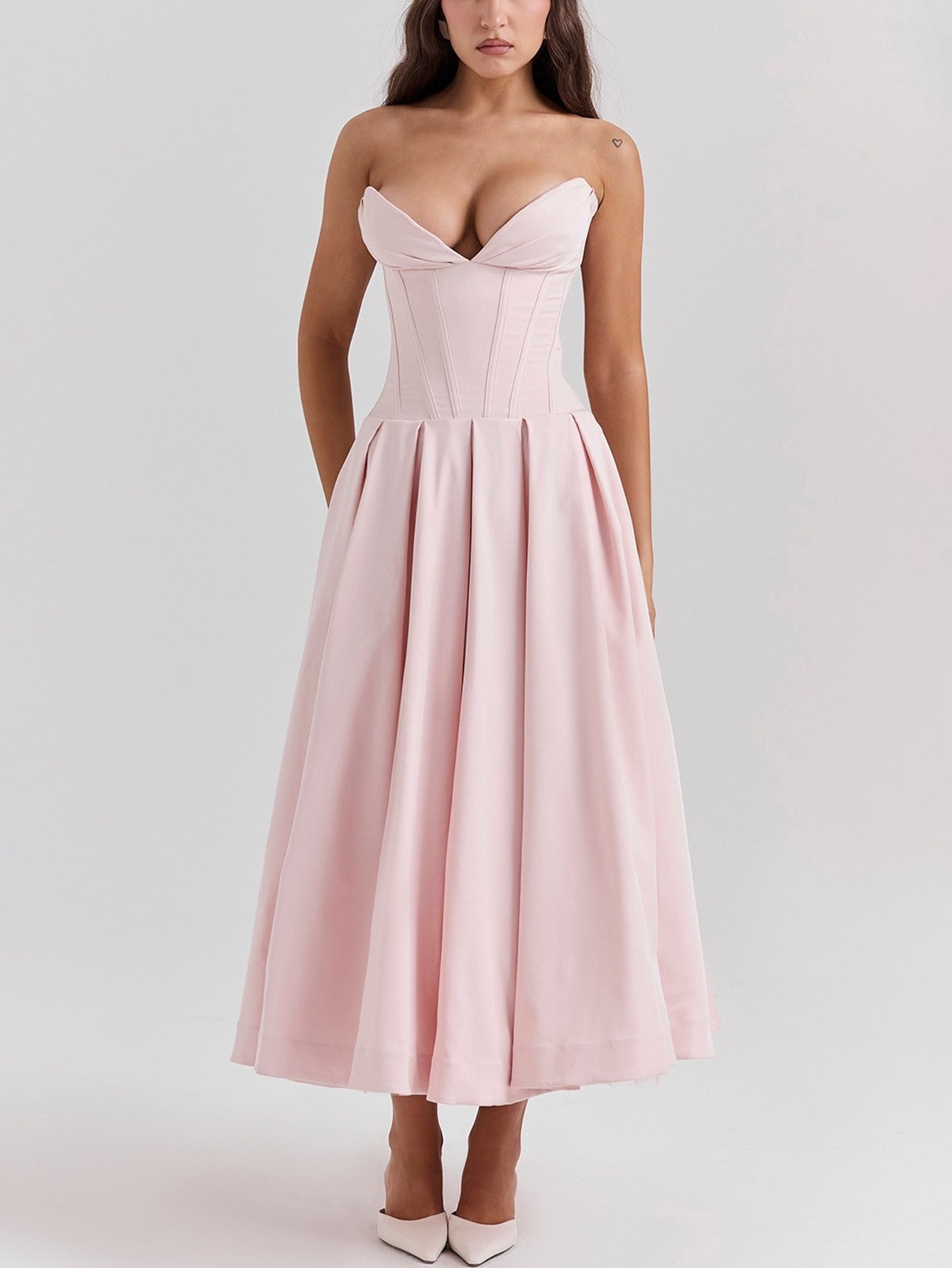 Solid Strapless Sleeveless Midi Dress - fashionprilin