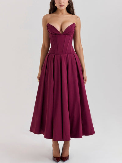 Solid Strapless Sleeveless Midi Dress - fashionprilin