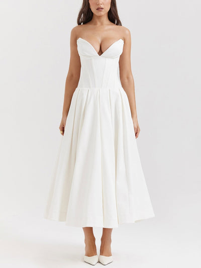 Solid Strapless Sleeveless Midi Dress - fashionprilin